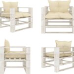 Tuinbank van pallet hout met crèmekleurige kussens, geschikt voor buiten.