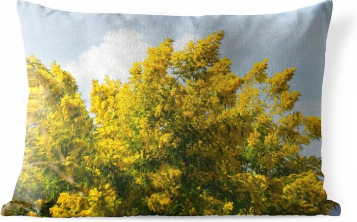 Tuinkussen met Mimosa bloemenmotief en blauwe lucht, afmeting 60x40 cm van PillowMonkey.