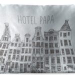 Weather-resistant outdoor cushion with "Hotel Papa" quote for Father's Day, 60x40 cm. Blue and white design by PillowMonkey.