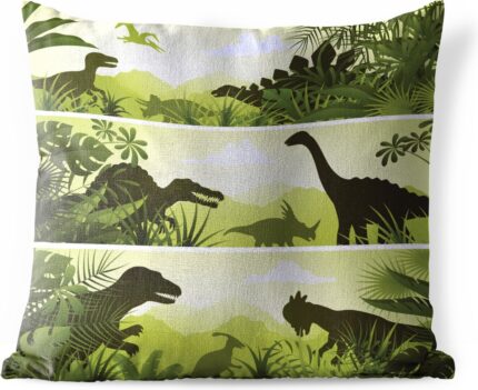 Three dinosaur illustrations on outdoor cushions, 60x60 cm, by PillowMonkey.