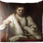 Decorative outdoor cushion featuring a portrait of Hendrickje Stoffels by Rembrandt van Rijn, 40x40 cm, PillowMonkey brand.