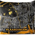 Stylized map design outdoor cushion in gold and black, featuring Vlaardingen city map pattern, 45x45 cm, weather-resistant.