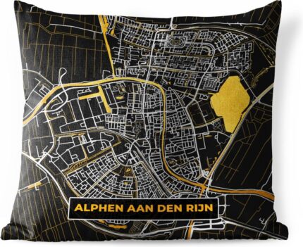 Weerbestendig tuinkussen in goud en zwart met plattegrond van Alphen aan den Rijn, afmeting 40x40 cm.