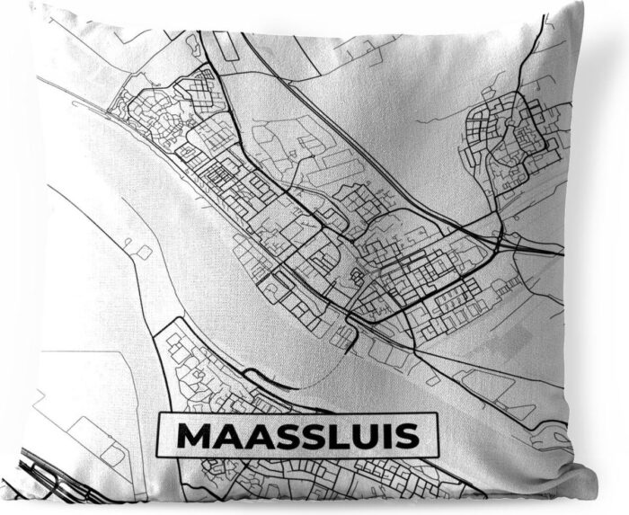 Zwart-wit kussen met Maassluis kaartmotief, 40x40 cm, weerbestendig.